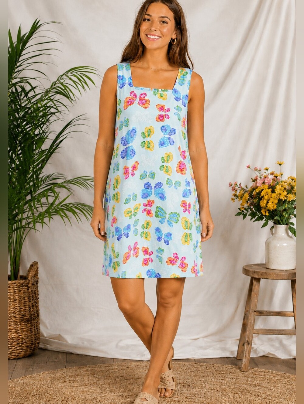 Vintage Fresh Produce Butterfly Print Cotton Shift Dress Made in USA Medium
